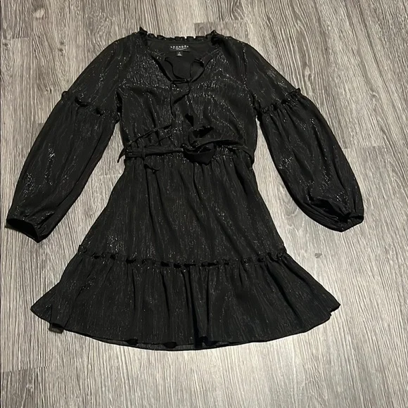 Laundry By Shelli Segal Black Cocktail Mini Dress with V-Neck Bishop Sleeves - Picture 1 of 10